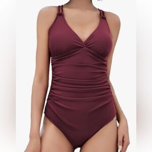 Maroon swimsuit one piece crisscross adjustable back straps 2xl padding stretch